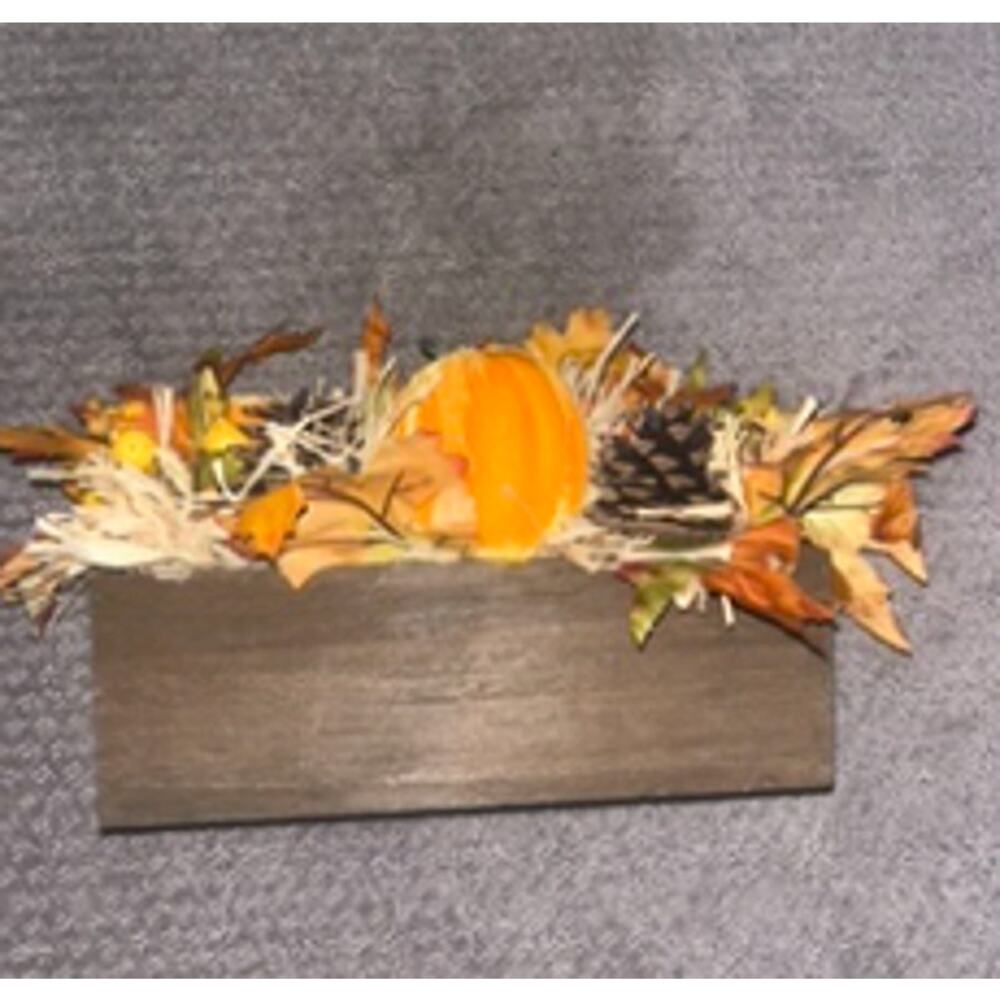 Fall Autumn Pumpkin and Harvest Foliage Centerpiece Flower Box Wooden Basket